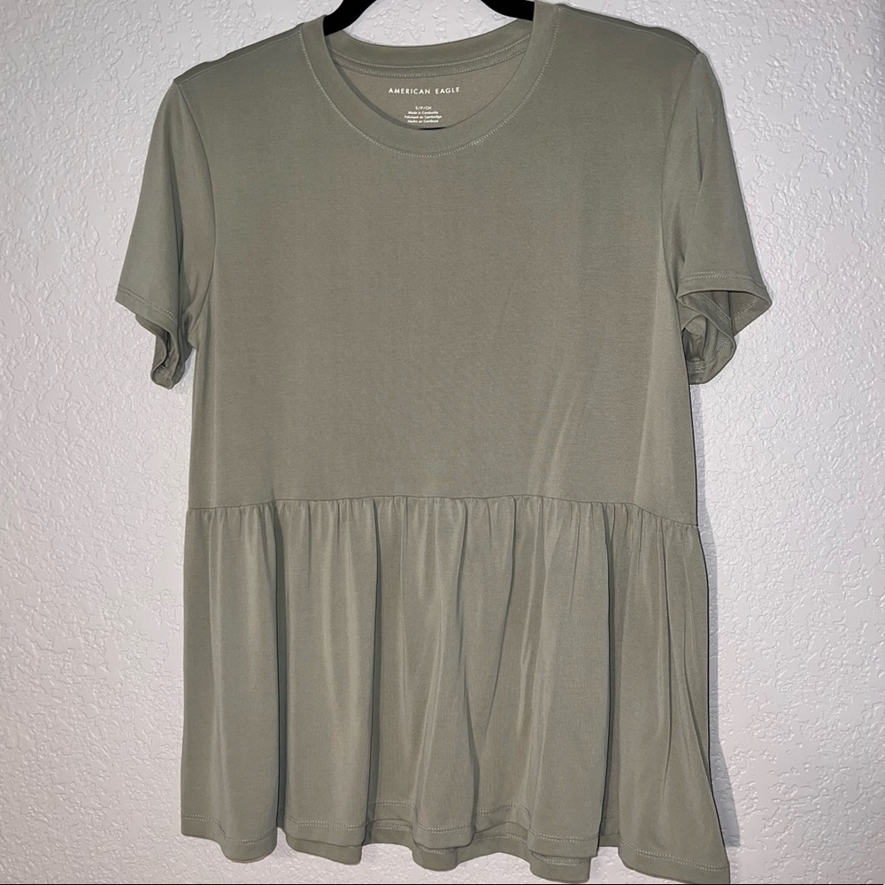 American Eagle Small Sage Green Short Sleeve Tee with Peplum Detail